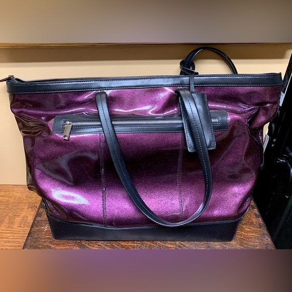 LODIS Black Leather Purple Aluminum Flash Laptop Tote Overnight Handbag Purse - Picture 13 of 16